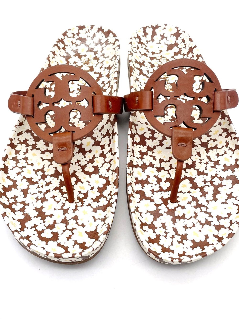Tory Burch Miller Cloud Sandals Sz 8.5 Brown Floral Logo Leather Flip Flop Slide - Picture 8 of 16